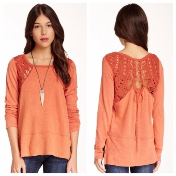 Free People Tops - FREE PEOPLE orange crochet knit linen blend top size large boho festival comfy